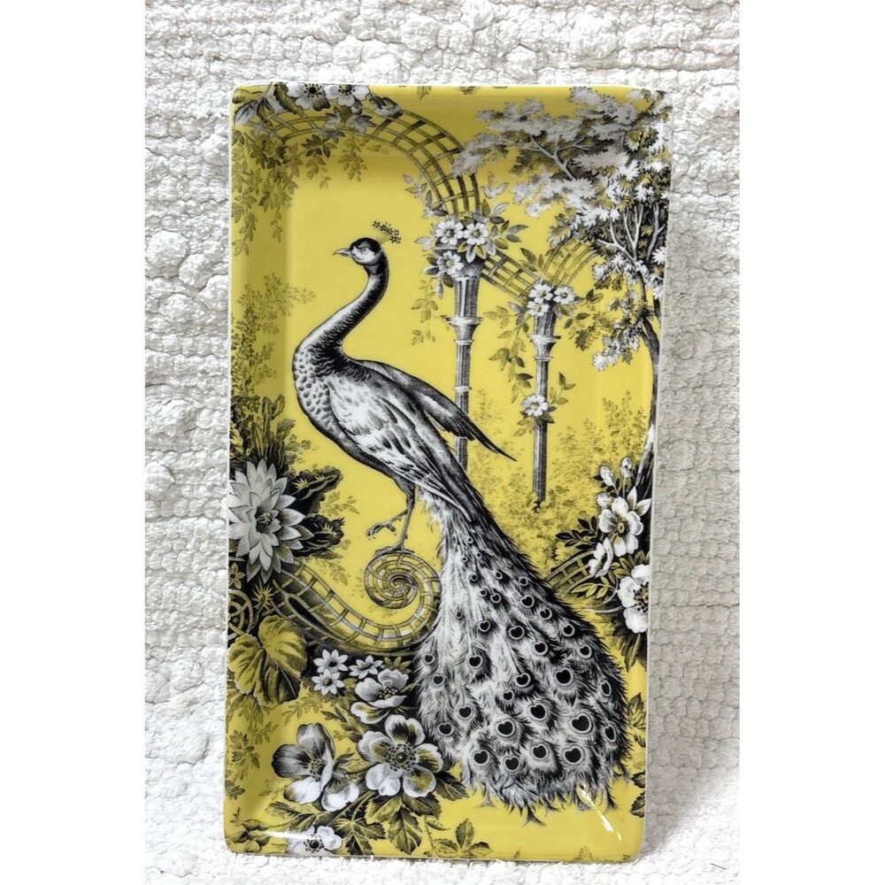 Fringe Studio Peacock Tray Yellow Black chinoiserie 9" x 6" Decorative